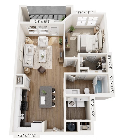 Floor plan for 1 bed, 1 bath, 752 sqft